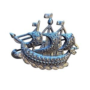 Vintage CHARLES HORNER Staybrite Chrome Plated Galleon Ship Brooch Pin